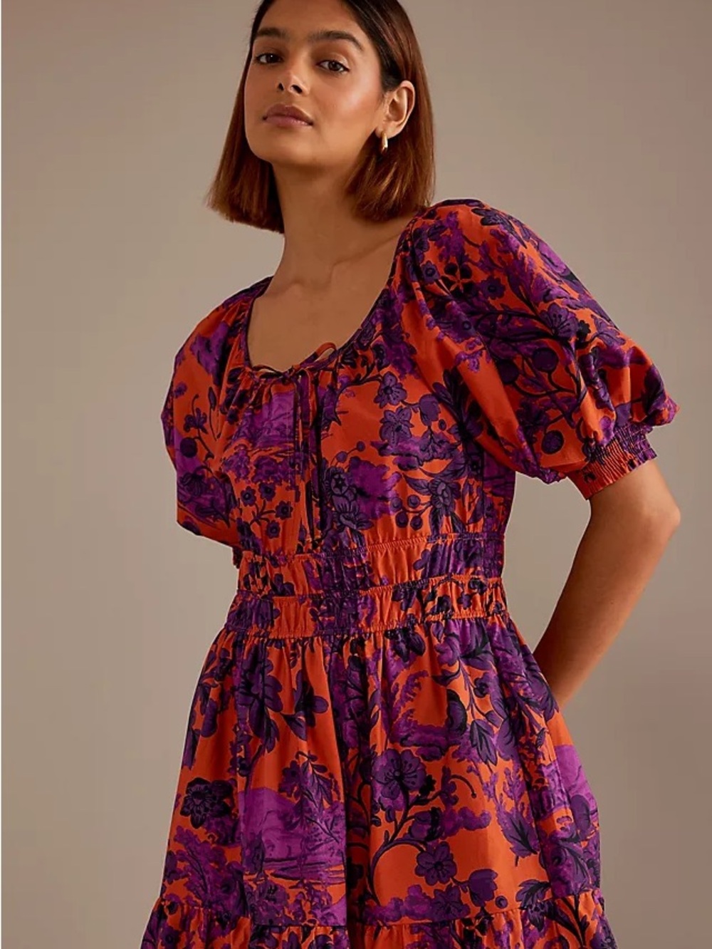 Anthropologie Orange Purple Floral Midi Dress Puff Sleeve Boho Romance Size S